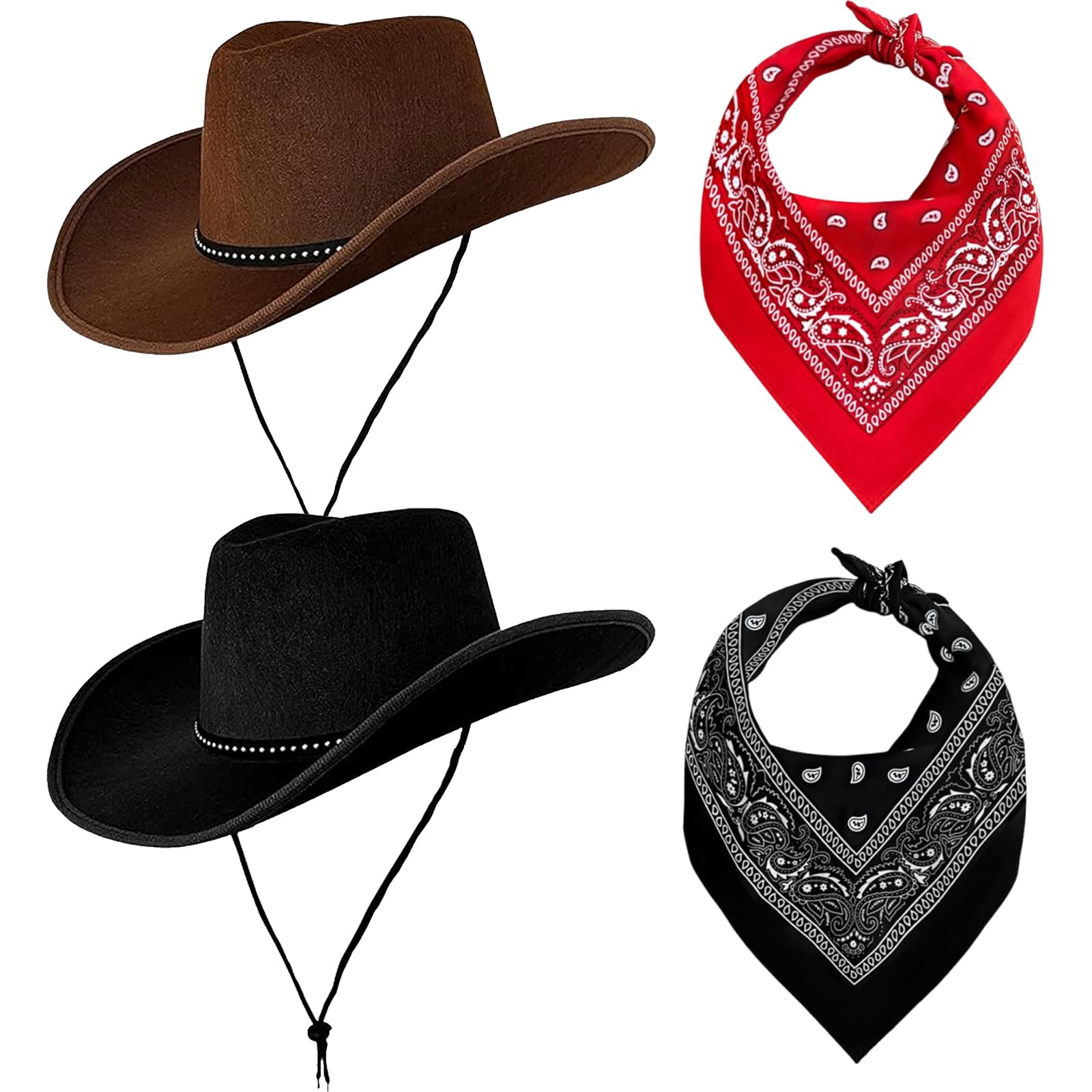 Lotiaan Cowboy Hats for Men and Women with Bandana Scarf, Unisex Western Hats Set, Cowboy Hat Cowgirl Hat Fancy Dress, Texan Costume Accessories for Adults, for Halloween Birthday Cosplay Party (C)