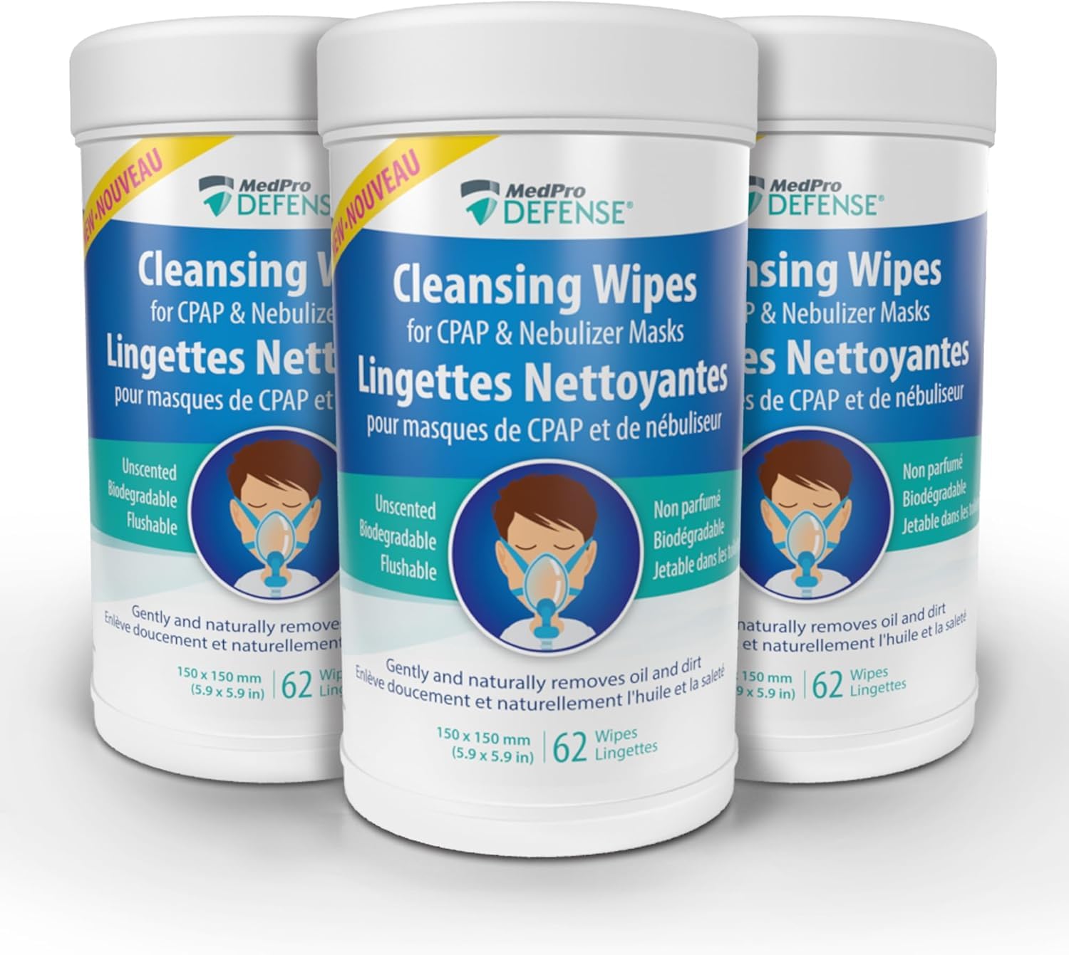 MedPro Defense Cleansing Wipes for Daily Cleaning of CPAP Mask, Gently Removes Dirt and Oil, Biodegradable, Unscented, Lint-Free, and Flushable