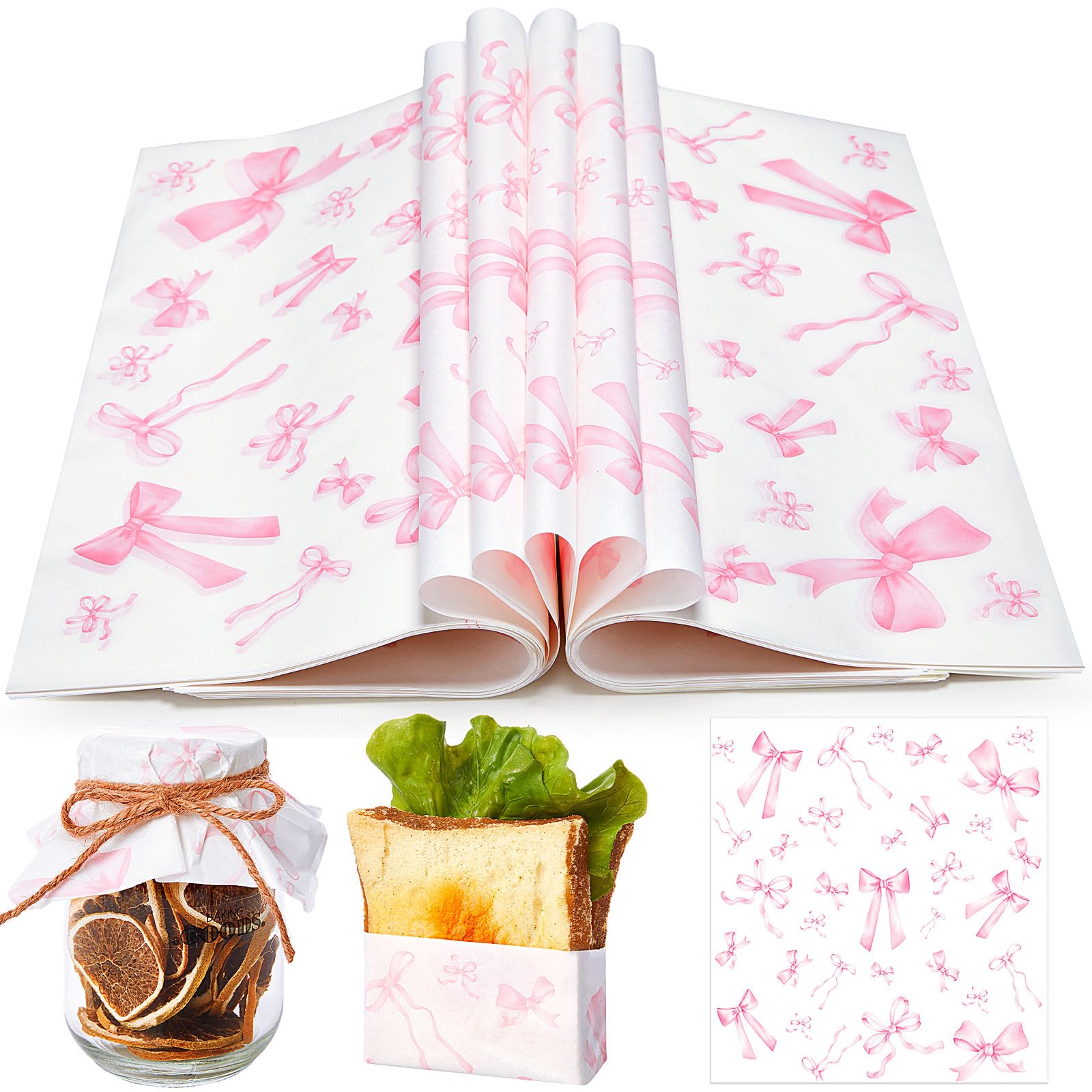 Marspark 100 Sheet Pink Bow Wax Paper Coquette Ribbon Bowknot Wrapping 11.4 x 11 Inches Lovely Pink Tissue Paper for Sandwich Burgers Greaseproof