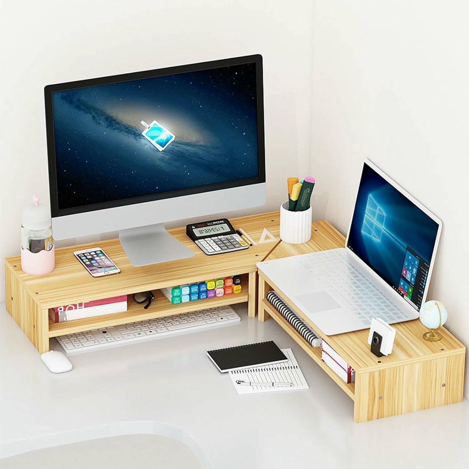 Supporti per Laptop, Supporto per Monitor angolare da scrivania, Supporto per Laptop in Legno con Contenitore, ripiano Multiuso per Computer e Stampante.