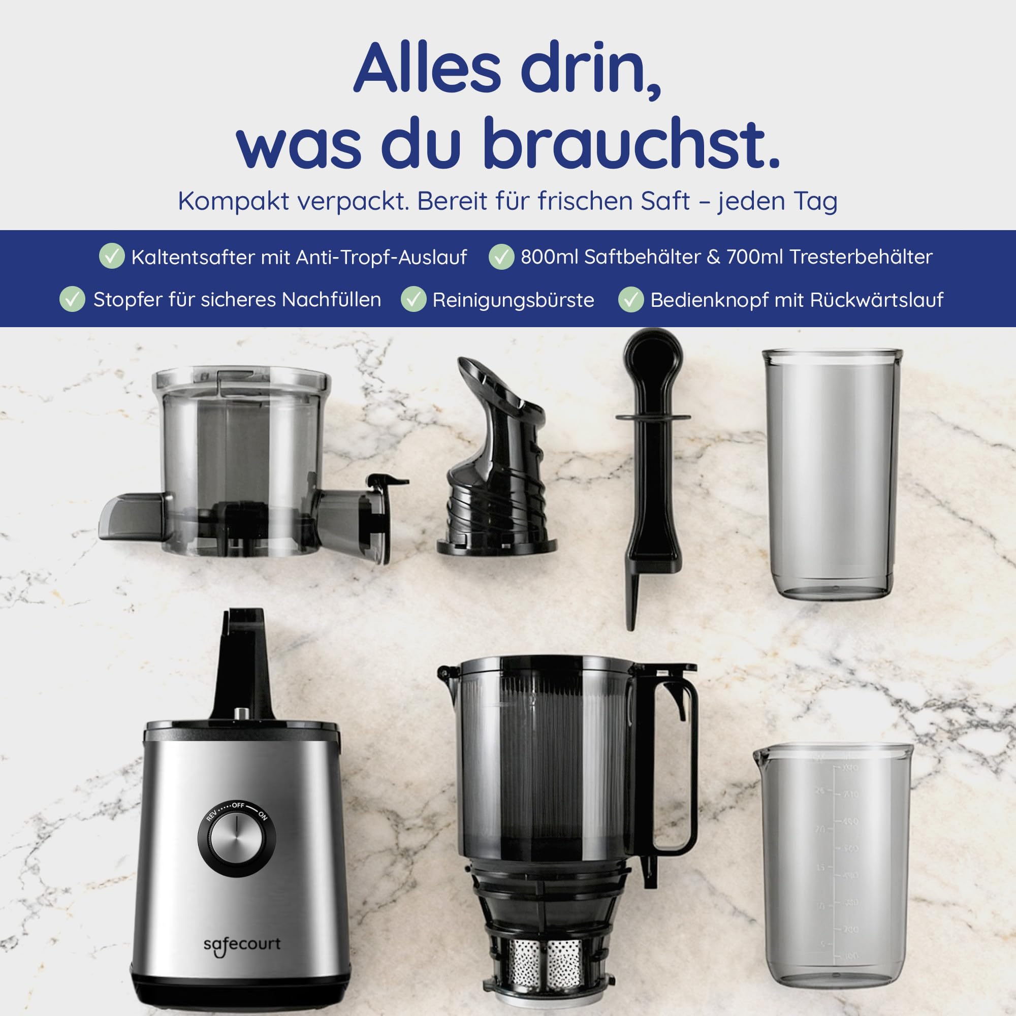 Safecourt Entsafter Gemüse und Obst - Slow Juicer [XXL Einfüllschacht für Ganzes Obst und Gemüse] Saftpresse elektrisch [mit 90% Saftergebnis] - Obstpresse [mit 1.5 Liter Fassungsvermögen] - Silber