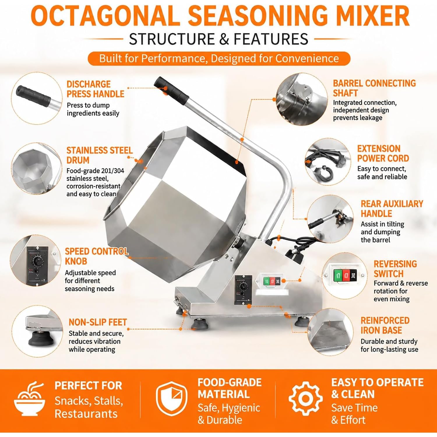 Mélangeur Alimentaire Professionnel, en Acier Inoxydable, pour Marinade Et Enrobage De Viande, Capacité De 15 L, Rotation Réversible, Vitesse Réglable De 10 À 30 TR/Min, Vidange par Inclinaison,