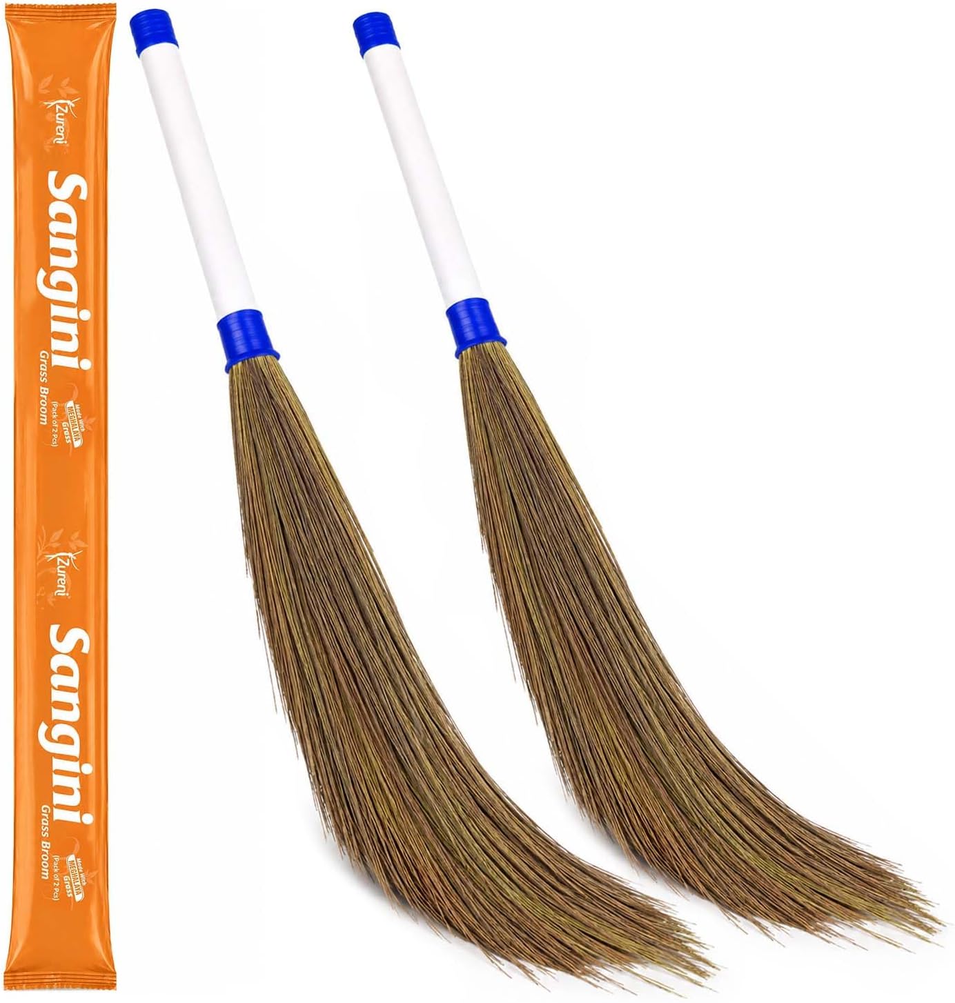 Zureni Sangini Traditional Grass Broom 39" Phool Jhaadu Comfortable Grip Broomstick with Sturdy Bristles Suitable for Households, Offices and Commercial Spaces Cleaning (Pack of 2, Random Colors)