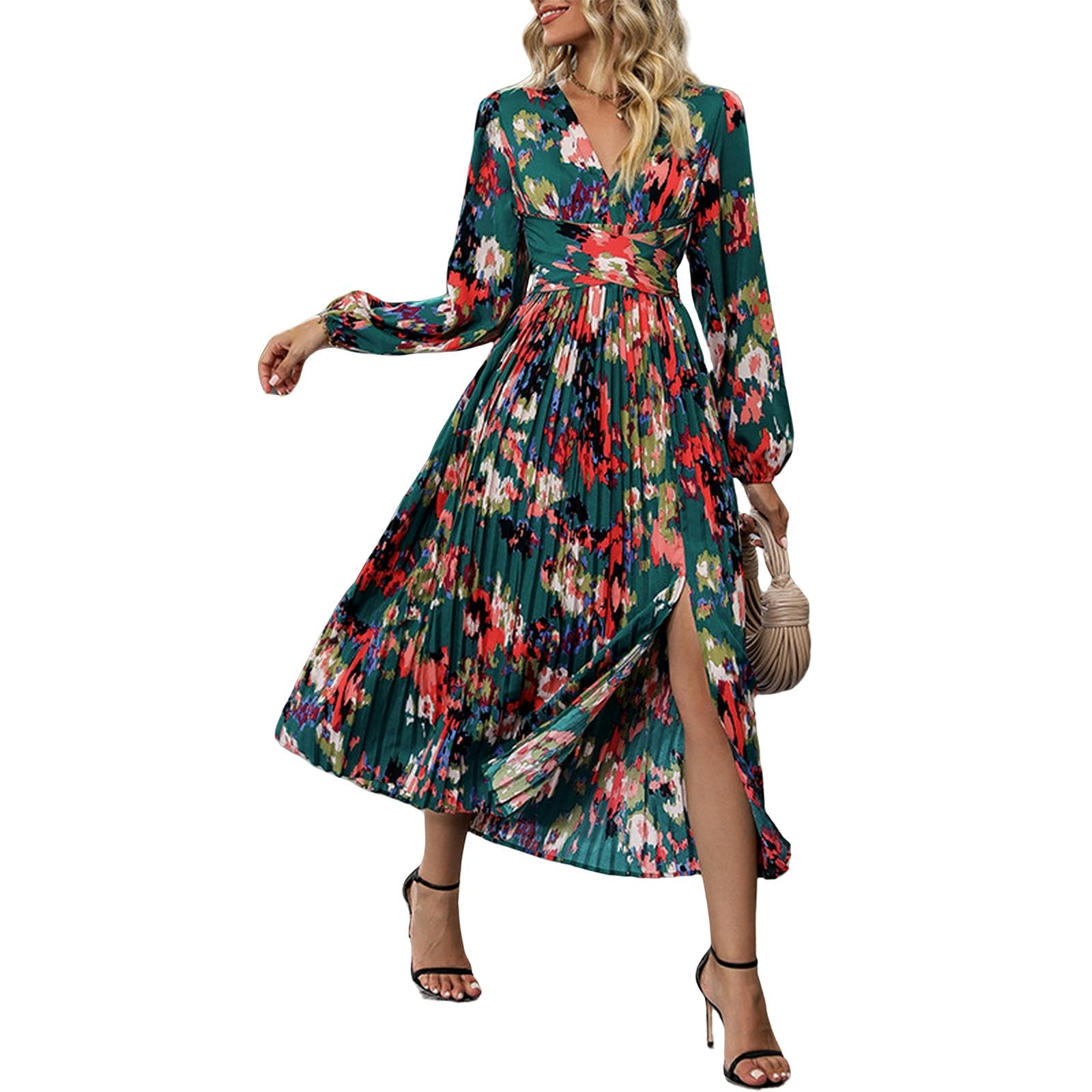 Vestido largo de gasa de manga larga con cuello en V, elegante vestido de fiesta floral fluido, para mujer. YYEFNMAZ