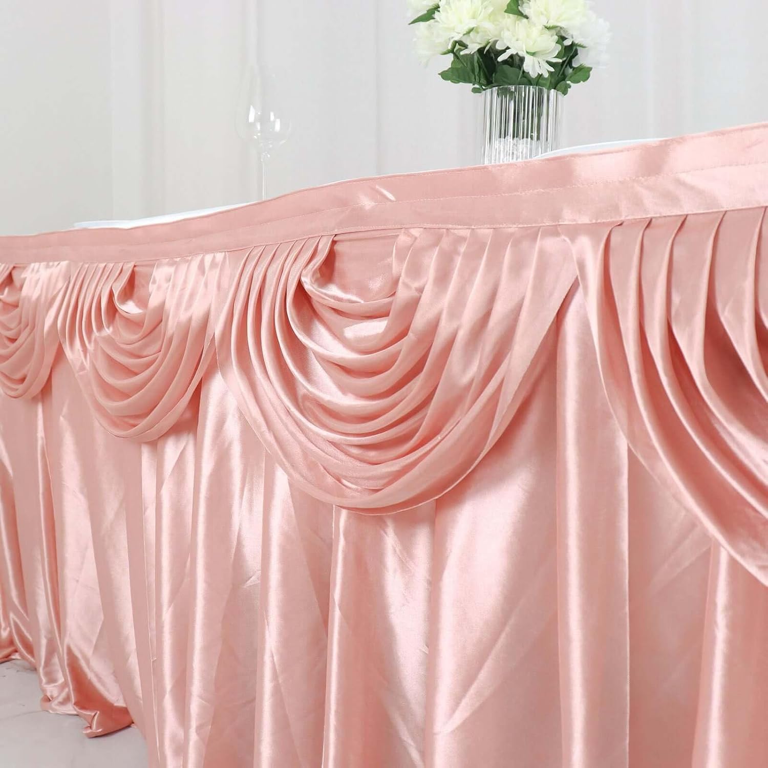 Efavormart Dusty Rose Satin Double Drape Table Skirt for Kitchen Dining Catering Wedding Birthday Party Decorations Events 14ft