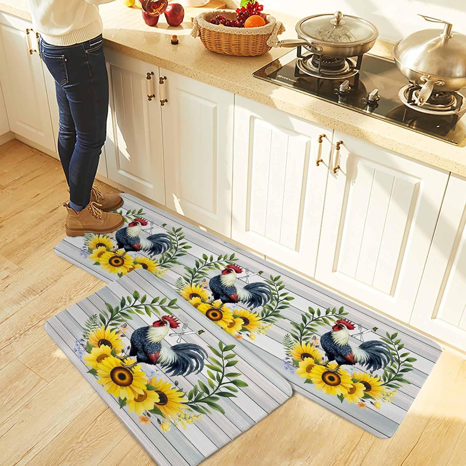 Sunflowers Rooster Kitchen Rugs and Mats Set of 2, Non-Slip Kitchen Sink Mat, Wooden Watercolor Leaves Retro Art Washable Doormat Bathroom Rugs Runner for Bedroom/Living Room 17.7"x30"+17.7"x47.2"