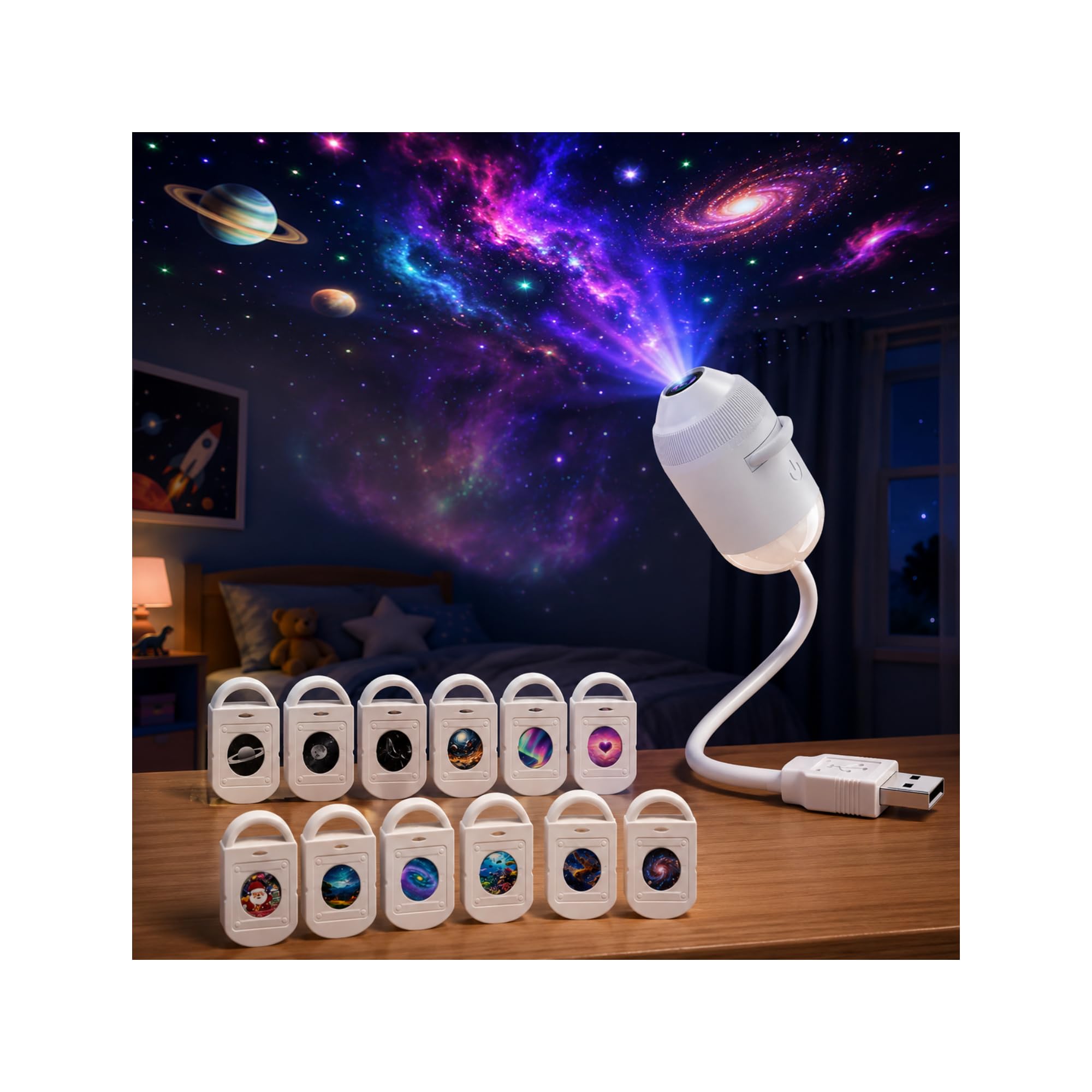 Galaxy Projector Night Light (2-in-1) Holographic Star 5d Projector Plug and Play hd Star Smart Dynamic Ceiling Projectors Lamp 360° Space Starry Sky USB Projection with 12 Films