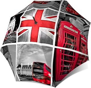 Extra Large Umbrella Windproof - Stick Designer Umbrella for Women and Men - Colorful Rain Umbrella with Curved Handle - London Umbrella England UK - Quality Fashion Umbrella Red Black Travel Gift