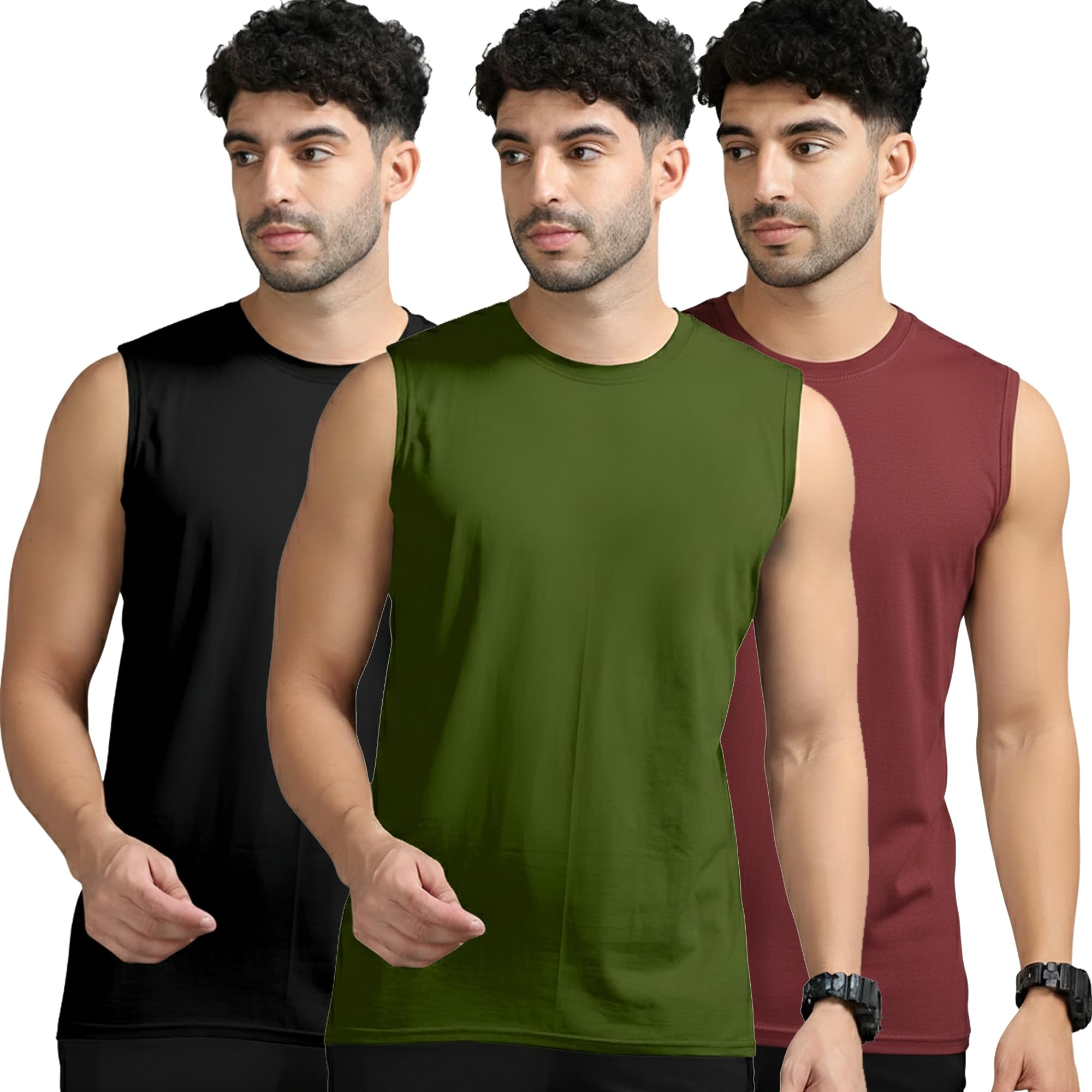 jangoboy Men's Tank Tops Sleeveless T-Shirt for Men's Gym Wear Vest Solid Stylish Round Neck Running Sando for Sports Workout Fitness (Pack of 3)-picture-52