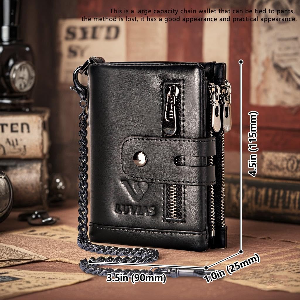 Anti-Theft Mens Wallet with Chain Genuine Leather ID Window Purse with RFID Blocking Bifold Double Zipper Coin Pocket with Gift Box - Image 6