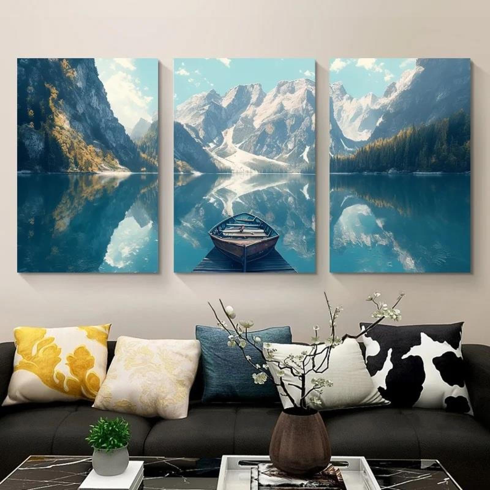 Yocheng 3pcs Scandinavian Nature Landscape Canvas Art Prints-Serene Lake, Mountains Forest Boat Triptych Wall Decor 60x80cmx3 No Frame