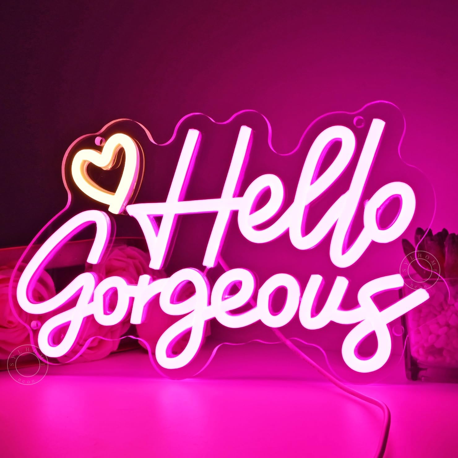 SYLHOME Hello Gorgeous Led Neon Light Sign Heart Bedroom Girls Room Wall Decor Sign Bar Beauty Studio Salon Wedding Birthday Christmas Party Decoration 11.8" X 6.8" USB