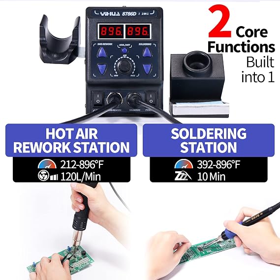 YIHUA 8786D I 2 in 1 Hot Air Rework and Soldering Iron Station with 10 Solder Iron Tips, 4 Hot Air Nozzles, F /C, Cool/Hot Air Conversion and Sleep Function