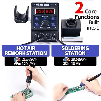 YIHUA 8786D I 2 in 1 Hot Air Rework and Soldering Iron Station with 10 Solder Iron Tips, 4 Hot Air Nozzles, F /C, Cool/Hot Air Conversion and Sleep Function