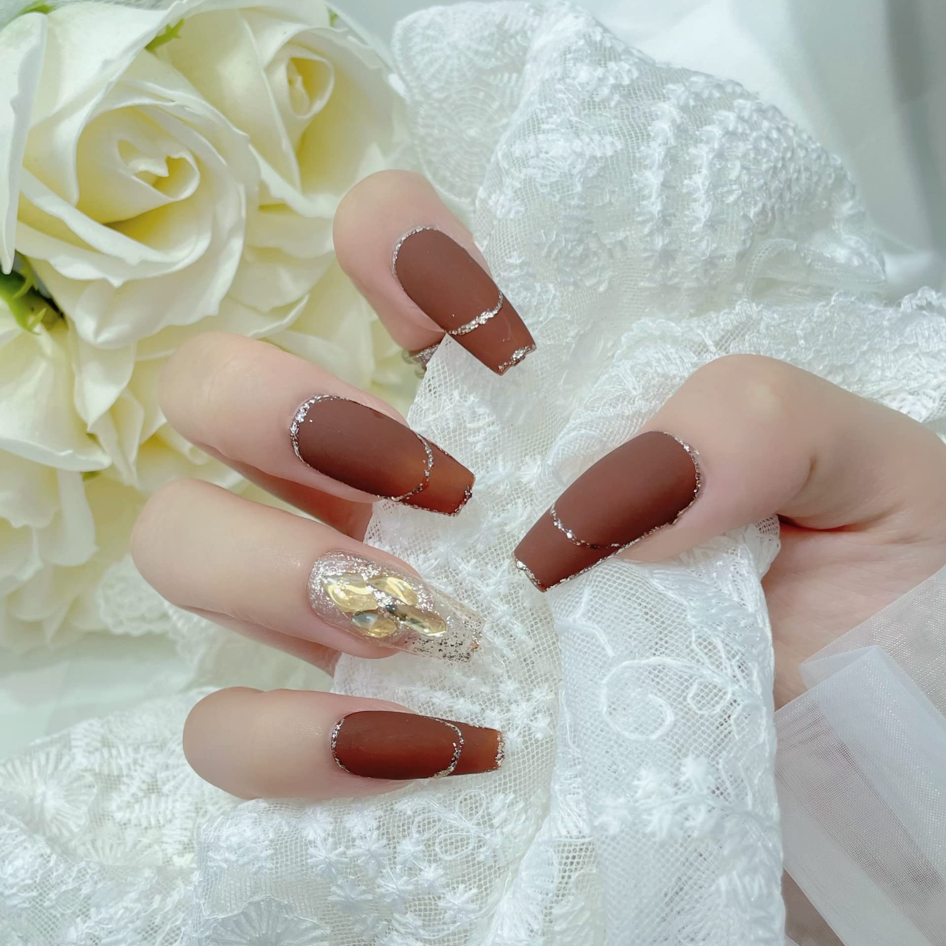 Bling Press on Nails, Unghie finte con finitura riutilizzabile di lusso, Nail Art fatta a mano con design di manicure con licenza (XL, A) (AL)