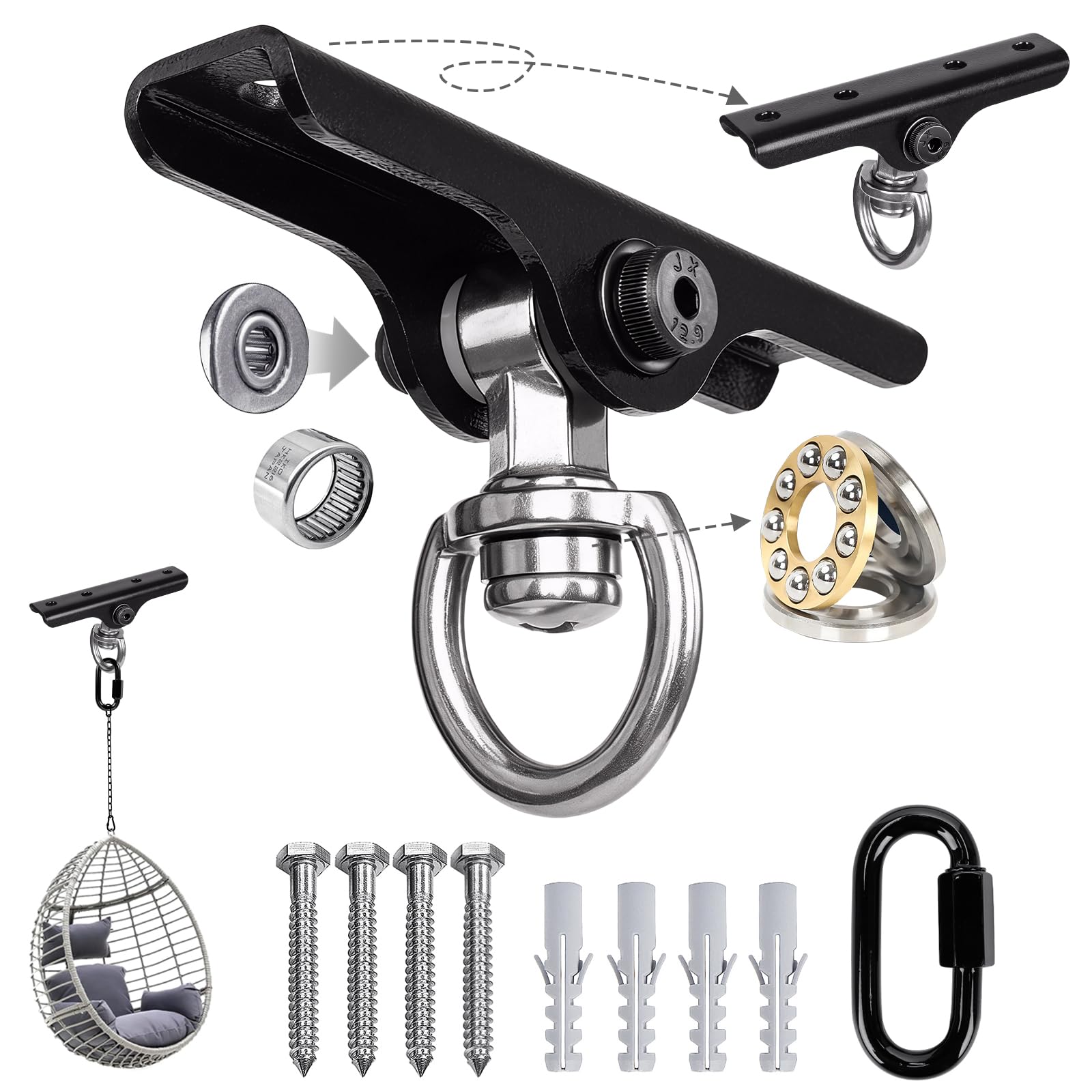 ZoeZure Boxing Bag Bracket with Bearing, 360°+180° Rotating Heavy Duty Punch Bag Bracket Boxing Bag Bracket Wooden Beam and Concrete Ceiling Installation for Gym Boxing Bag Aerial yoga, 360KG Capacity
