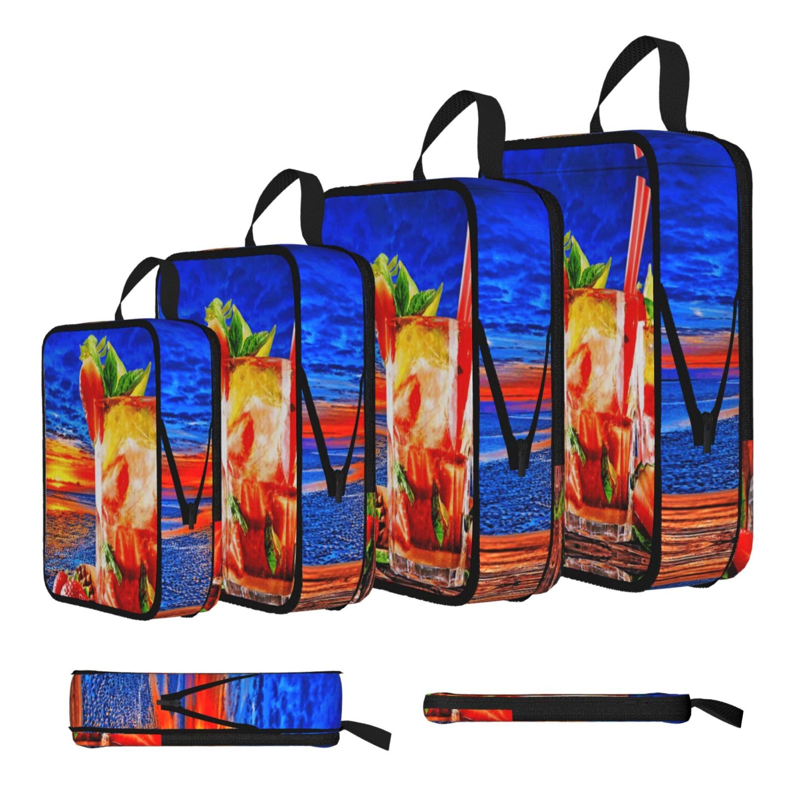 Tropical Beach Print 4 Set Compression Packing Cubes For Suitcases,Expandable Storage Bags Organizers