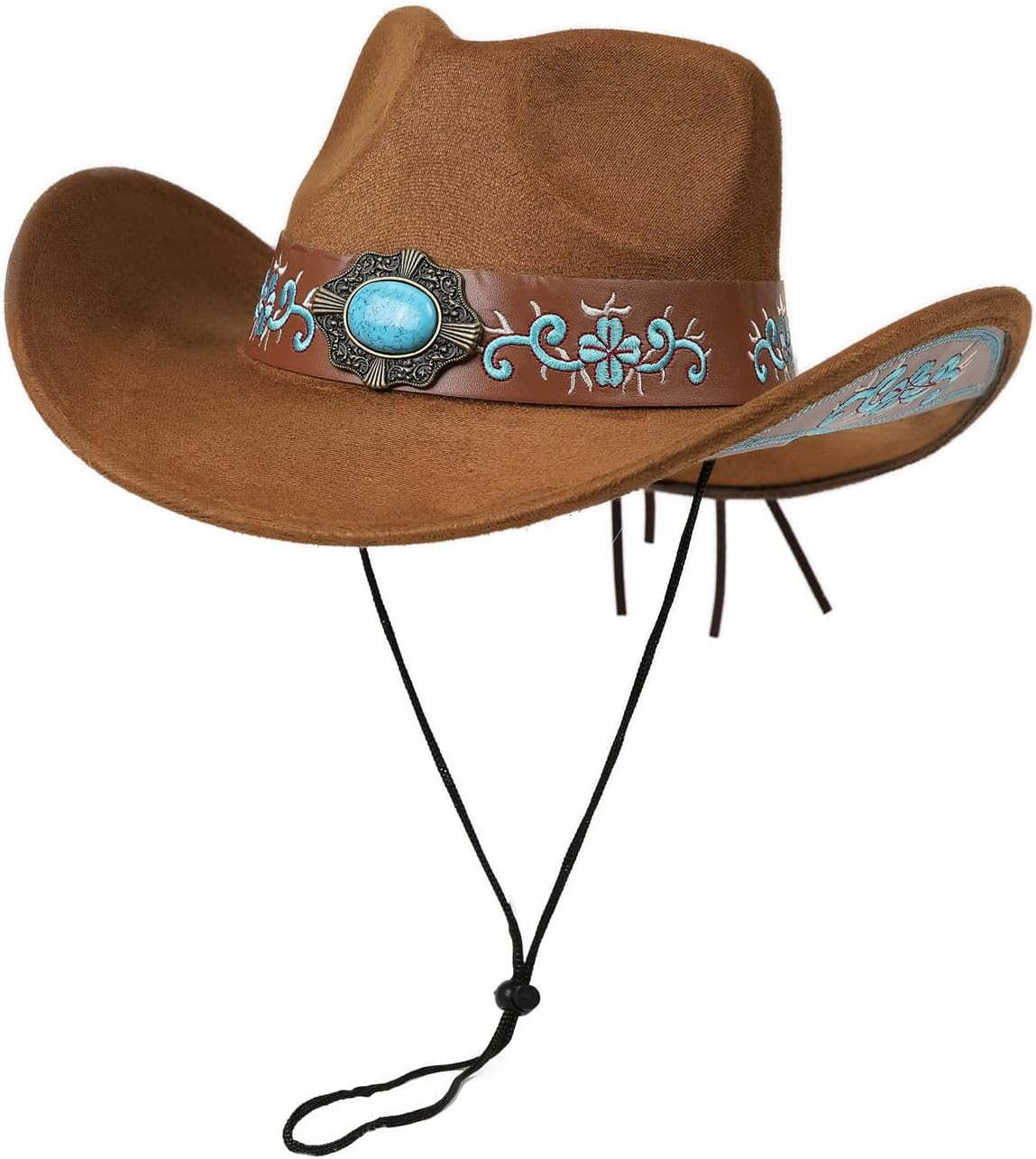 Retro Felt Cowgirl Hat Classic Unisex Western Embroidered Cowboy Hat with Turquoise Hatband