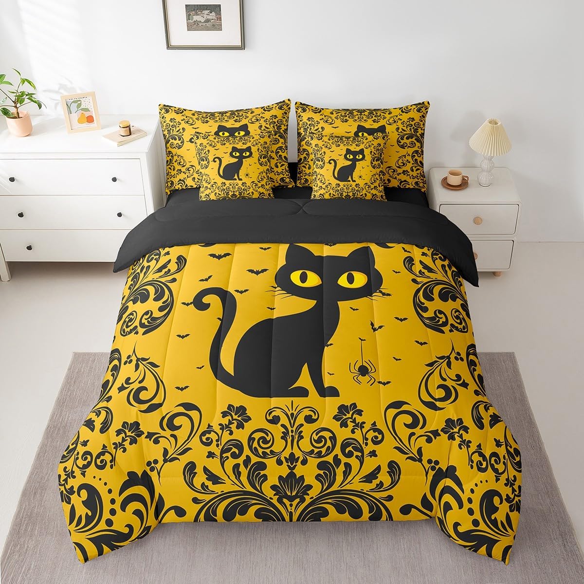 Erosebridal Halloween Cat Bed in A Bag with Sheets Goth Damask Flower Cat 7 Piece Bedding Set Queen Size Gothic Spider Bats Comforter Set Halloween Floral Animal Bed Set Yellow Black