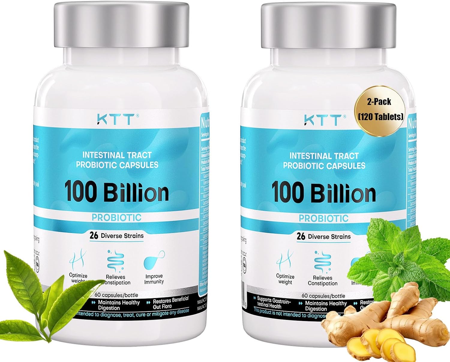 KTT US-Made Probiotics 100B CFU, 26 strains + Organic prebiotics, Supports Digestive & Immune Health, alleviates Constipation, Diarrhea, Bloating, Flatulence, 2pack120 Capsules for Men & Women