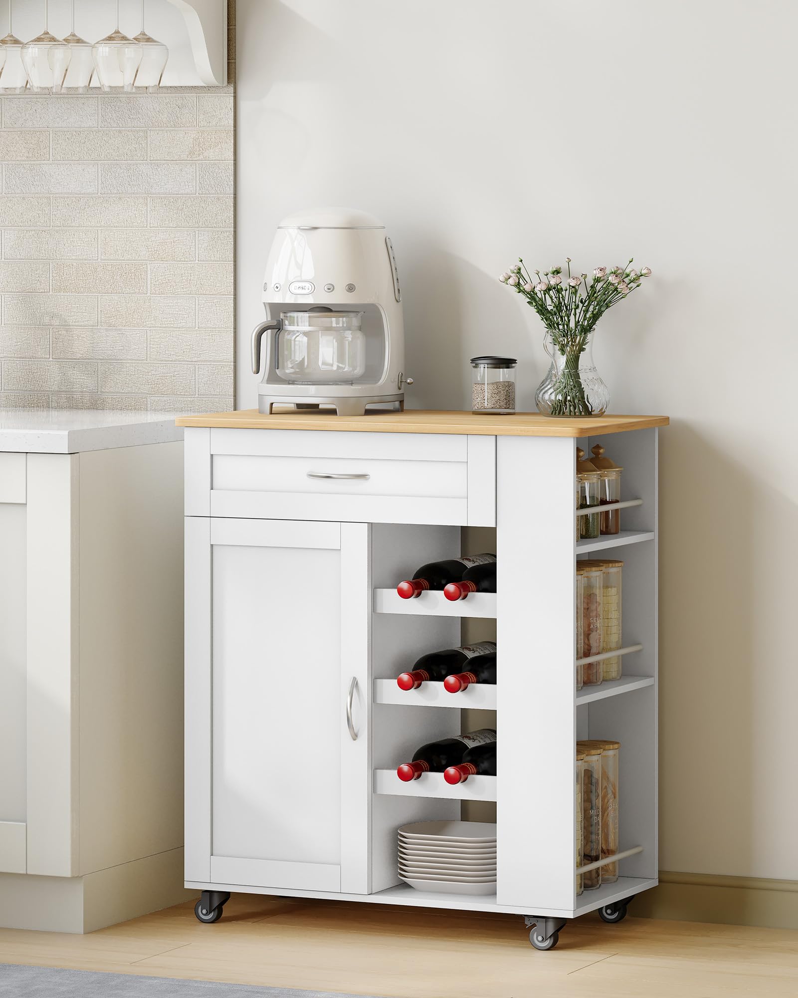 Hzuaneri Carrello Cucina, Mobile Cucina, Scaffale 3 Ripiani con Espositore per Vino, Mobile Multifunzione con Ruote, per Cucina, Soggiorno e Sala da Pranzo, 40 x 68 x 86 cm, Bianco ST03003W