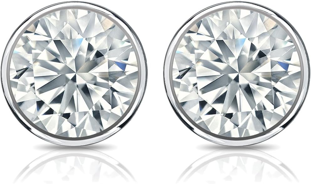 14k White Gold Round Diamond Simulant CZ Stud Earrings Bezel-set(1/4-2 ct,Excellent Quality)