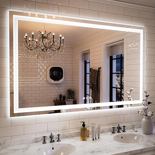 ISKM Espejo LED de 55 x 36 pulgadas para baño, espejo de tocador iluminado para luces delanteras de pared + espejo de baño LED retroiluminado,