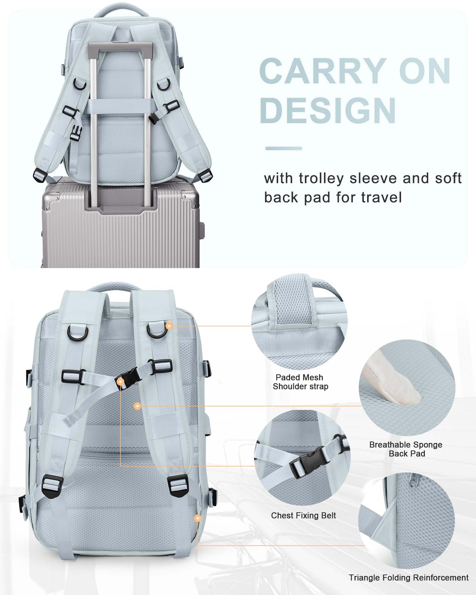 BJLFS Borse da Cabina per Ryanair 40×20×25 Bagaglio a Mano Easyjet 45×36×20 Borsa Zaino da Viaggio, Zaino da trekking,Zaino Casual per laptop da 14 pollici per scuola