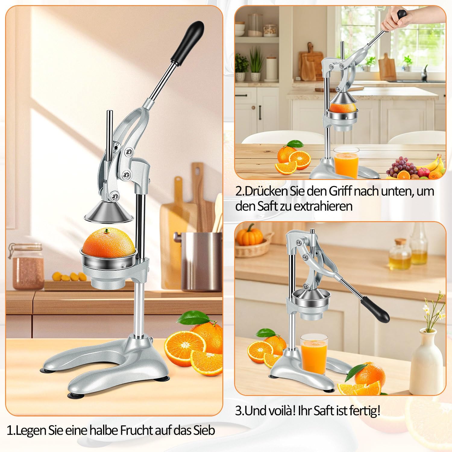 Entsafter manuell,Orangenpresse und Fruchtpresse mit Hebel | 2 Pressköpfe für verschiedene Früchte,mit Hebel und Saugnapf,45 cm hoch,Trichter und Sieb aus 304 Edelstahl