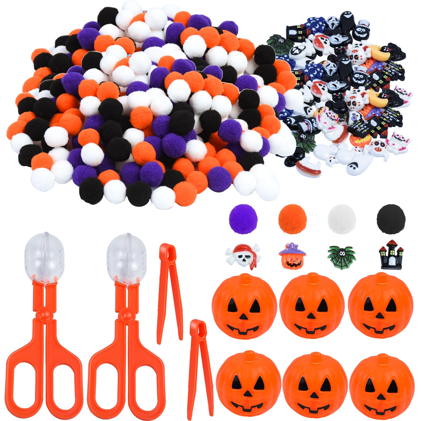 Waybas 260 piece Halloween Fine Motor Sensory Bin Filler Set — 200 colorful pom poms with Halloween tools and pieces