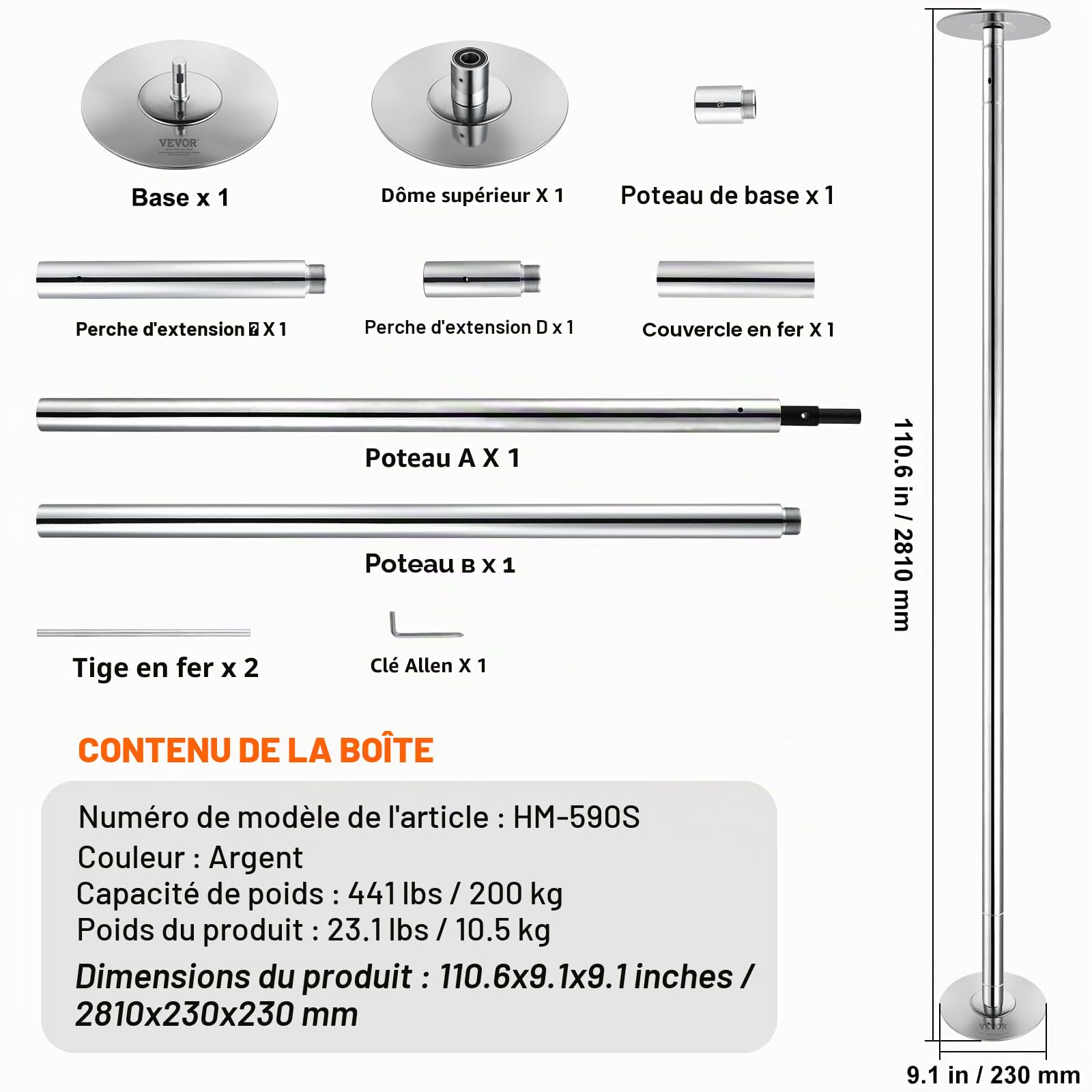 VEVOR Barre de Pole Dance Professionnelle, Pôle de Danse Statique et Rotatif, Kit de Danse à la Barre Verticale Amovible et Portable, Poteau en INOX Robuste 45 mm, Hauteur Réglable, pour Bar Domicile