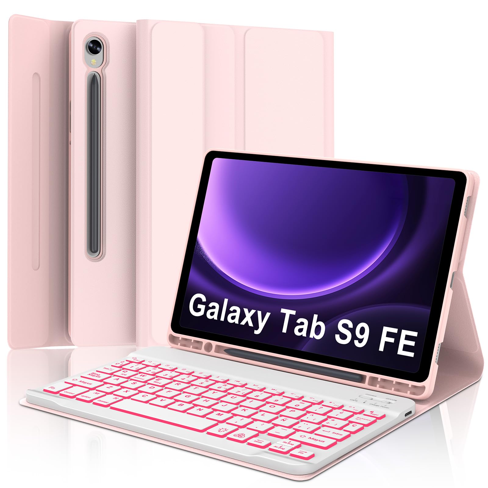 IVEOPPE Funda Teclado Samsung Galaxy Tab S9 FE 10.9"/S10 FE 10.9"/S9 11", Teclado España Ñ Retroiluminación Bluetooth Inalambrico Desmontable para Samsung Galaxy Tab S10 FE/S9 FE 10.9"/S9 11", Rosa