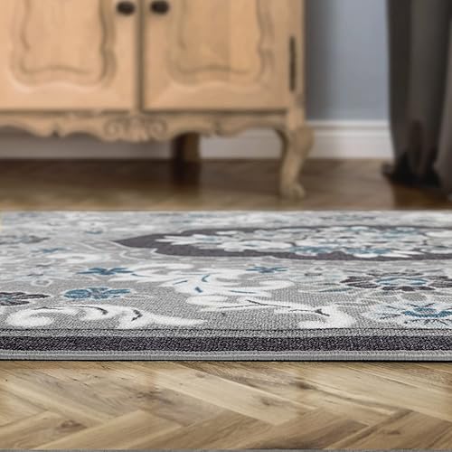 Miniatura 6 de Antep Rugs Alfombras antideslizantes (antideslizante) 6 x 9 con parte trasera de goma moderna floral de bajo perfil para interiores (gris, 6 pies 7