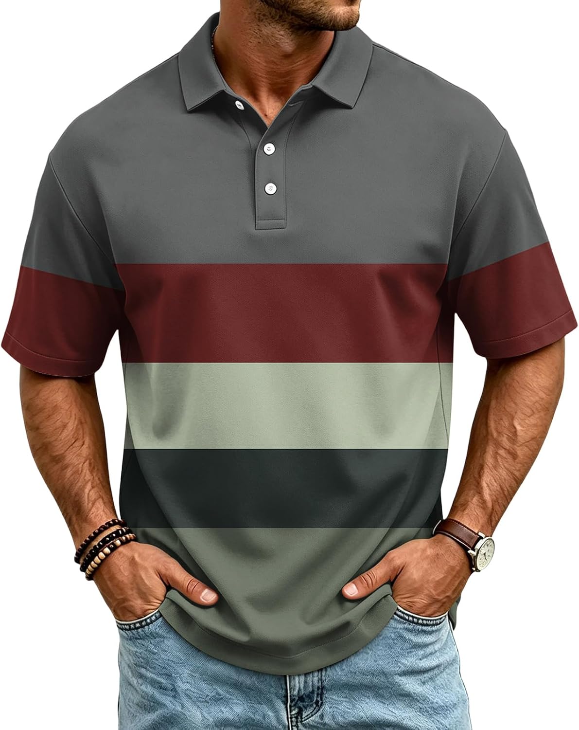 Ymosrh Men's Breeze Polo Shirts Short Sleeve Striped Print Performance Summer Casual Vacation Work Golf Shirts, S-3XL
