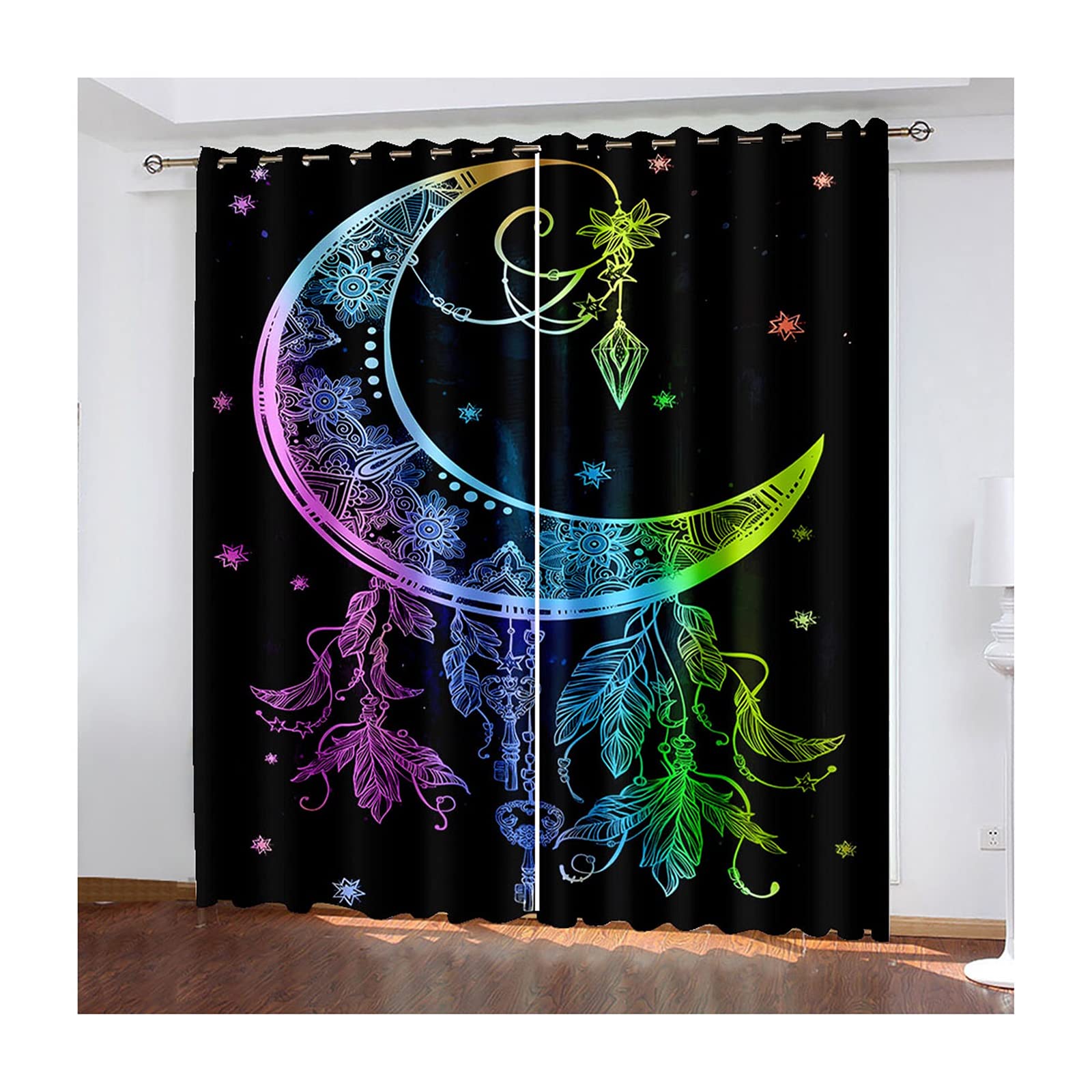 Łapacz snów i zasłony z oczkami z księżycem, para zasłon do sypialni do sypialni 2 panele, szer. 107 cm x dł. 243 cm