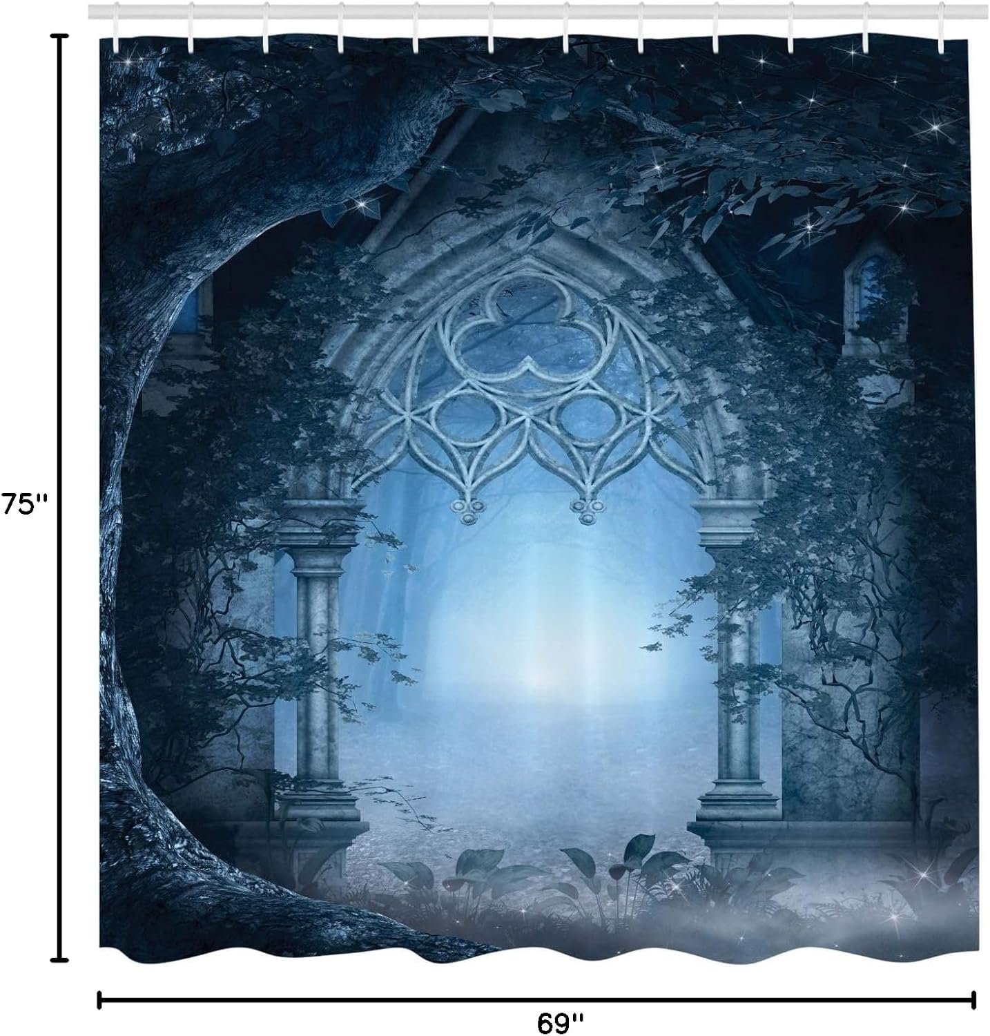 Ambesonne Fantasy Shower Curtain, Passage Doorway Through Enchanted Foggy Palace Garden at Night View, Cloth Fabric Bathroom Decor Set with Hooks, 69" W x 75" L, Navy Blue and Grey