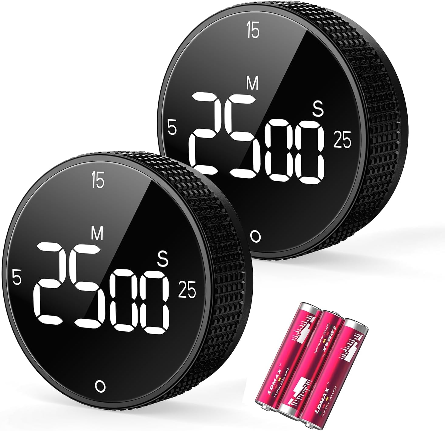 Digital Kitchen Timer, Large Display Magnetic Countdown Countup Timer, 3 Preset Times (5, 15, 25),Volume & Brightness Adjustable for Cooking Classroom Studying, Easy for Kids (Black,2Pcs)