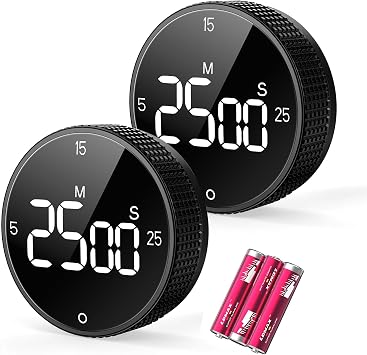 Digital Kitchen Timer, Large Display Magnetic Countdown Countup Timer, 3 Preset Times 5, 15, 25,Volume & Brightness Adjustable for Cooking Classroom Studying, Easy for Kids Black,2Pcs
