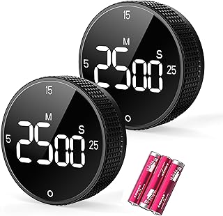 Digital Kitchen Timer, Large Display Magnetic Countdown Countup Timer, 3 Preset Times (5, 15, 25),Volume & Brightness Adjustable for Cooking Classroom Studying, Easy for Kids (Black,2Pcs)