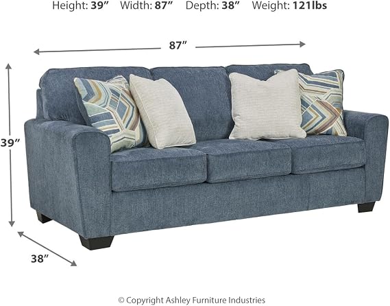 Signature Design by Ashley 3 Seater Couch, 87 in Blue Chenille, Cashton