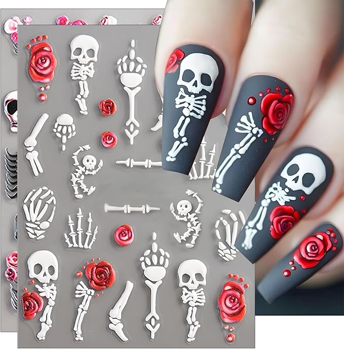 Halloween Nail Stickers for Nail Art Skull Bone Skeleton 5D Embossed Nail Decals Skull Self-Adhesive Nail Design Supplies 2PCS Holiday Halloween Nail Decoration Accessories for Women Girls