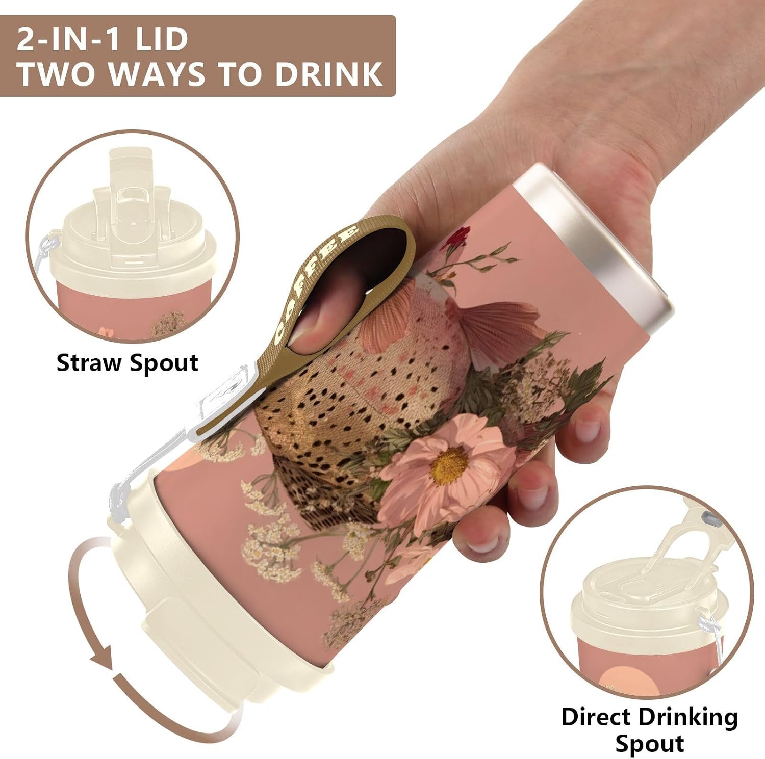 Trout Floral Art Insulated Coffee Mug with Straw & Flip Lid, 16.9oz Iced Tumbler Cup, Double Wall Vacuum Leak-Proof Mug for Travel Office