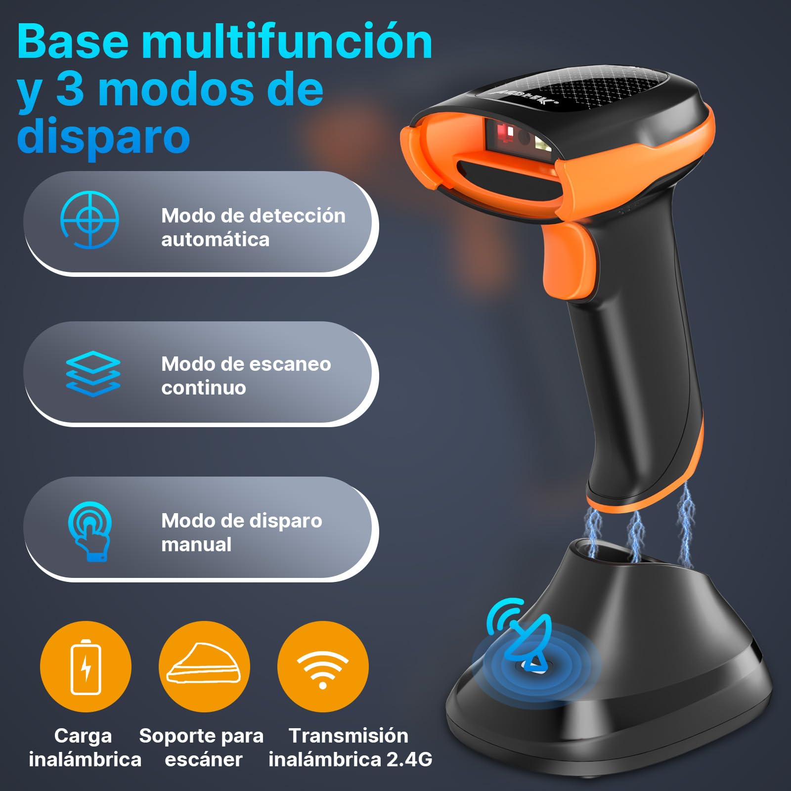 APETK Escáner de Códigos Barras 2D/QR Inalámbrico, Lector Mano con Base Carga, 100m Alcance, 20K Escaneos/Carga, para Tiendas/Almacenes