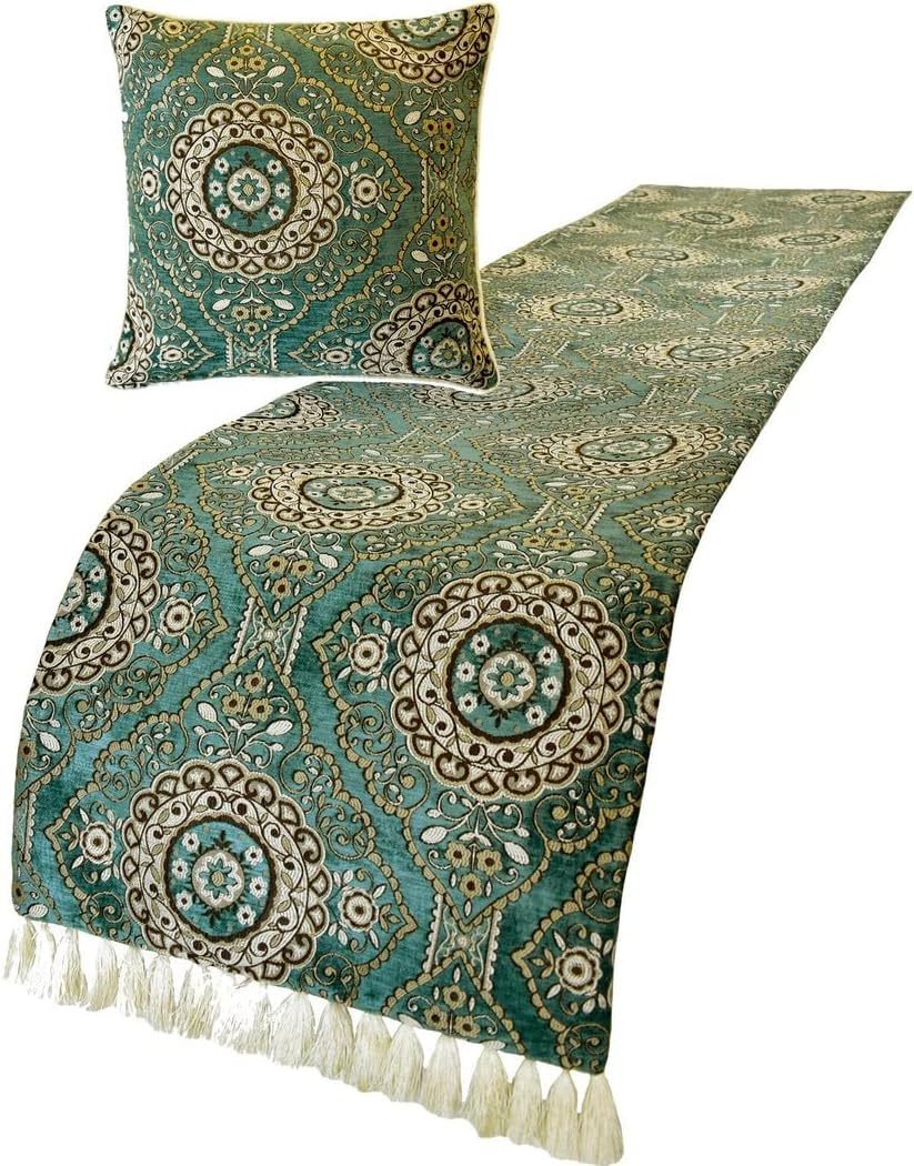 The HomeCentric King/Queen/Twin Teal Decorative CA King 86"x18" Bed Runner Without Pillow Cover, Art Deco, Floral, Tassels & Velvet Bed Scarf on Velvet Fabric - Ahmet