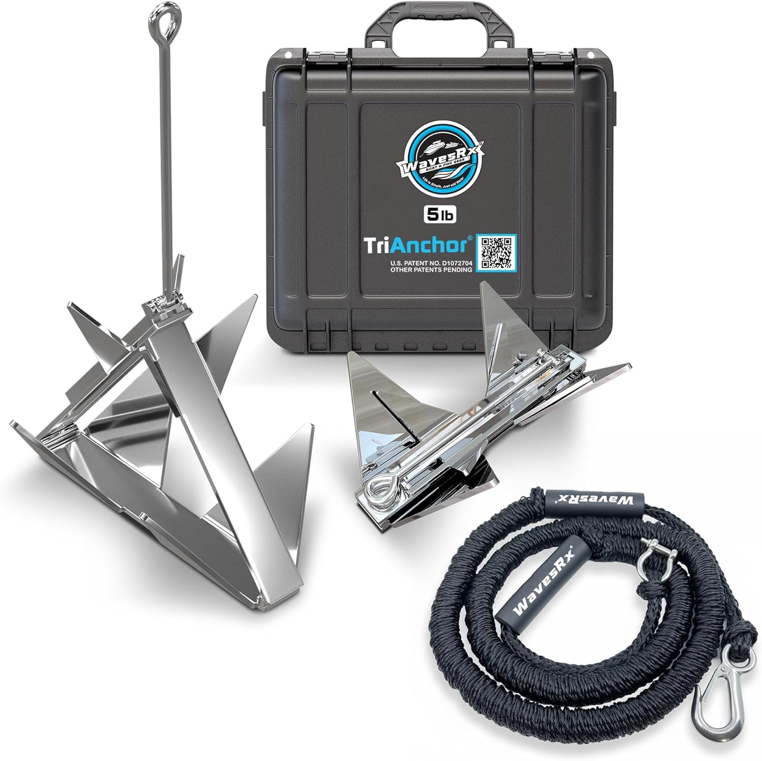WAVESRX Zestaw kotwiący PWC – 2,3 kg TriAnchor z 2,1 m AnchorMate Bungee Line (rozciąga się do 7,6 m) | Bezproblemowe kotwiczenie do skuterów wodnych, pontonów i łodzi Skiff, unikalna składana