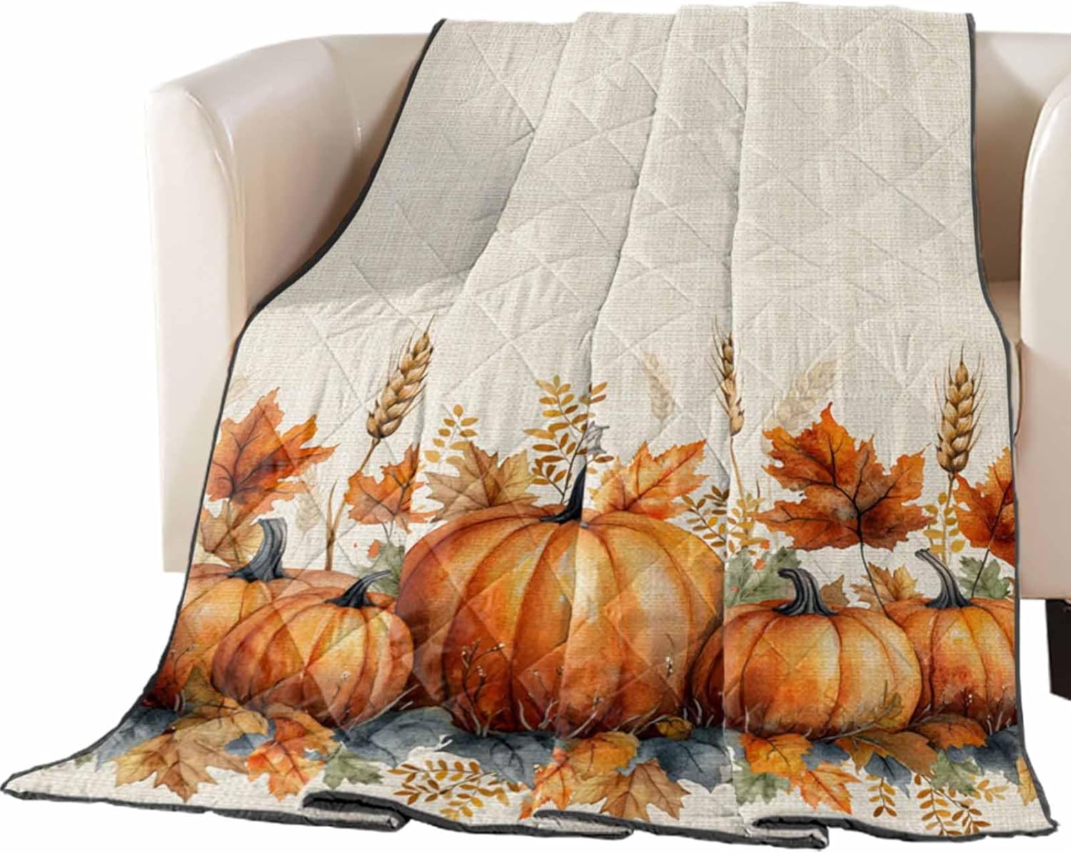 Quilt California King Luxury Quilted Comforter Bedspread-Thin Soft Cozy, Fall Rustic Watercolor Wheat Leaves Pumpkin Linen Texture Reversible Stitched Lightweight Quilt Coverlet for All Season