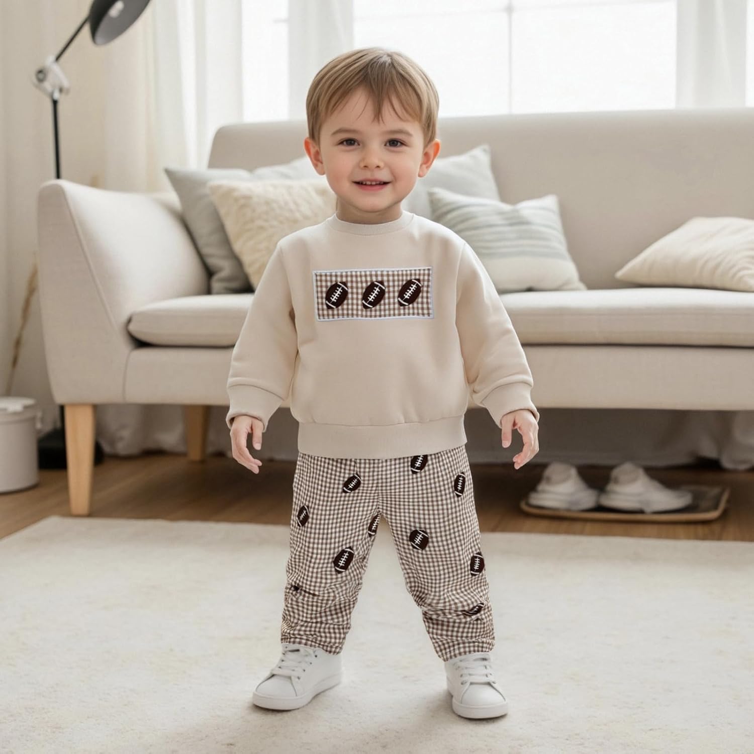 Honganda 2Pcs Kids Toddler Boy Football Outfit Football Embroidery Sweatshirt Top Plaid Pants Fall Game Day Clothes Set - Image 2
