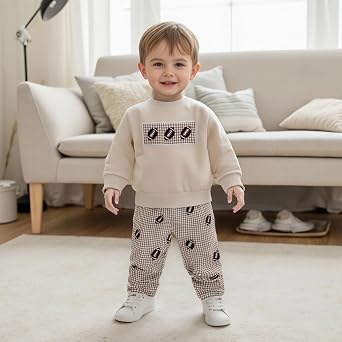 Honganda 2Pcs Kids Toddler Boy Football Outfit Football Embroidery Sweatshirt Top Plaid Pants Fall Game Day Clothes Set