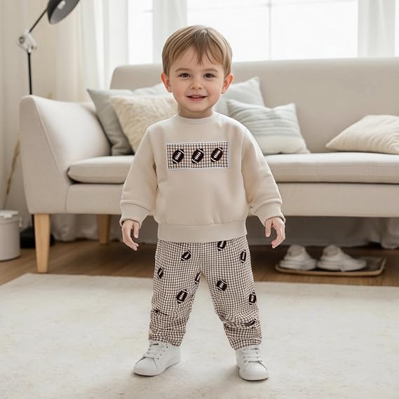Honganda 2Pcs Kids Toddler Boy Football Outfit Football Embroidery Sweatshirt Top Plaid Pants Fall Game Day Clothes Set