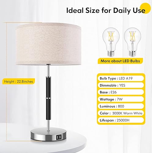 Miniatura 5 de Juego de 2 lámparas de mesa altas lámparas dobles USB táctiles regulables lámpara de noche de 3 vías de 23 pulgadas con tonos de lino beige lámparas